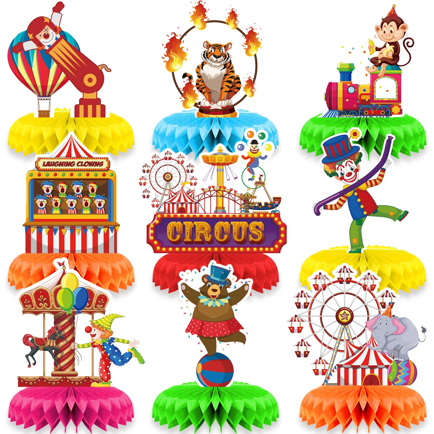 9-teiliges Zirkus-Themen 3D-Waben-Tischdekoration-Set für Karnevalspartys und Themenpartys