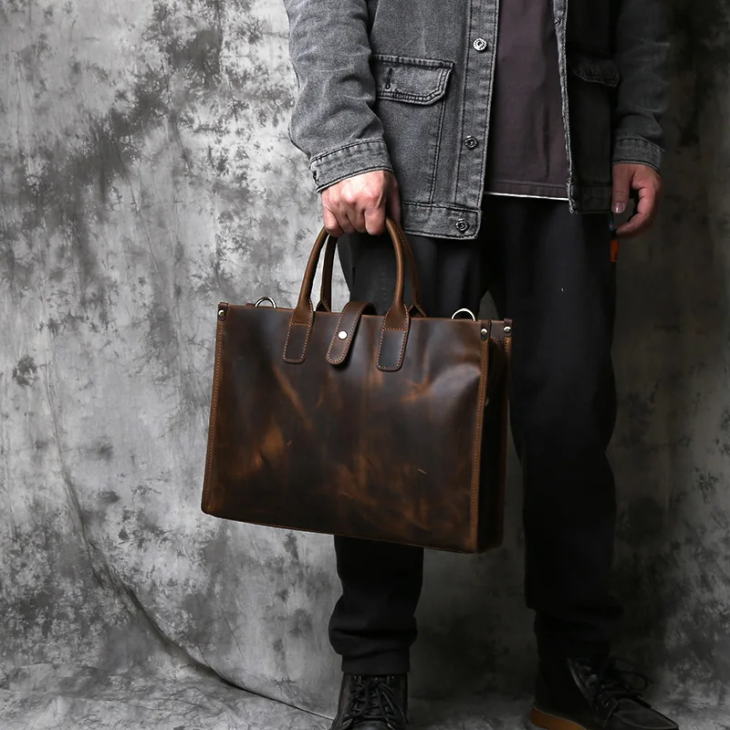 NZPJ Vintage Genuine Leather Men's Briefcase Natural Cowhide Handbag Crazy Horse Leather Computer Bag Casual Crossbody Bag