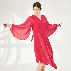 Женское тяжело-красное шелковое платье 30 momme с V-образным вырезом и длинным рукавом, объемные декоративные платья асимметричного кроя из высококачественного шелка, модель AY227