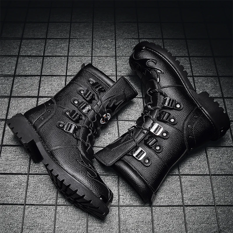 Black Leather Men's Platform Ankle Boots Square Toe Lace Up Shoes_voghion.com