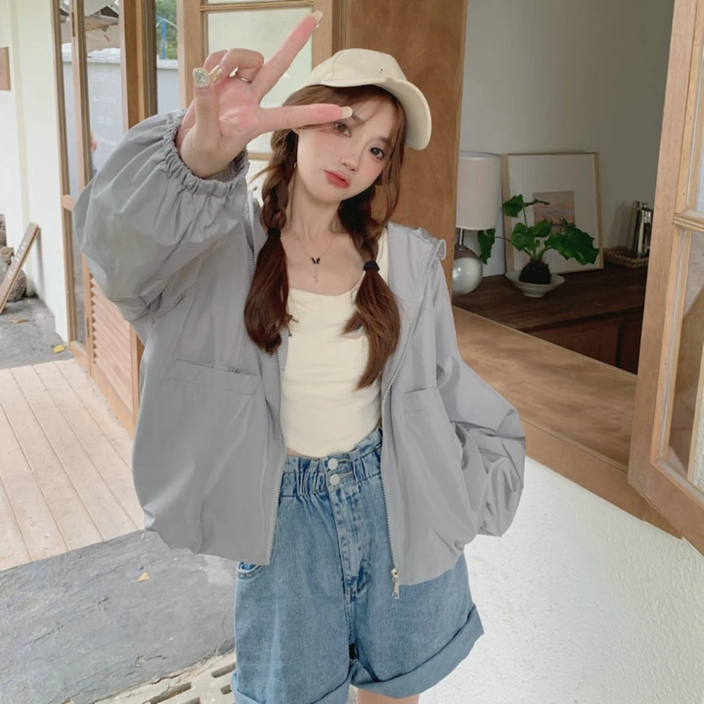 Breathable Loose Sunscreen Coat Women Solid Color Windproof Sun-Protective Tops Out Wear Clothing Hooded Jacket Spring Autumn