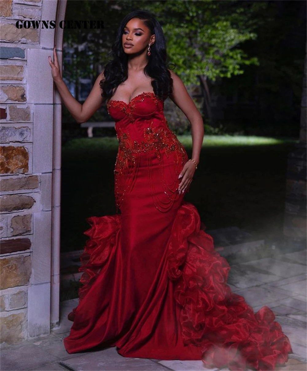 

Luxury Red Ruffels Crystal Mermaid Aso Ebi Evening Dresses Formal Dresses Party Gowns Sweetheart African Robes De Soirée