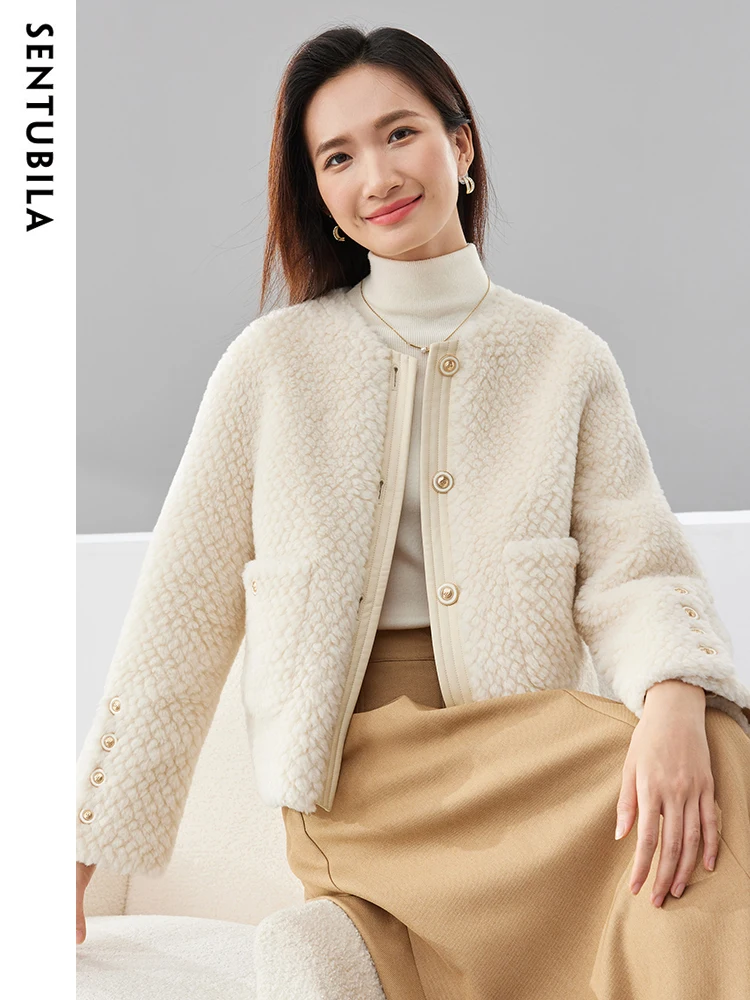 SENTUBILA Faux Fur Coat Women Luxury 2023 Autumn Winter Elegant O-Neck Short High Quality Warm Granular Velvet Jacket W34P50135