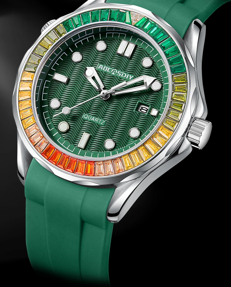 2023 New Luxury Men Watches Fashion Green Diamond Bezel Quartz Watch Business Automatic Date Dive Clock Relogio Masculino