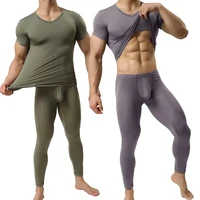 Men's Set Tops and Bottoms Elastic Ultra-thin Silk Pajamas Tops+Leggings Set