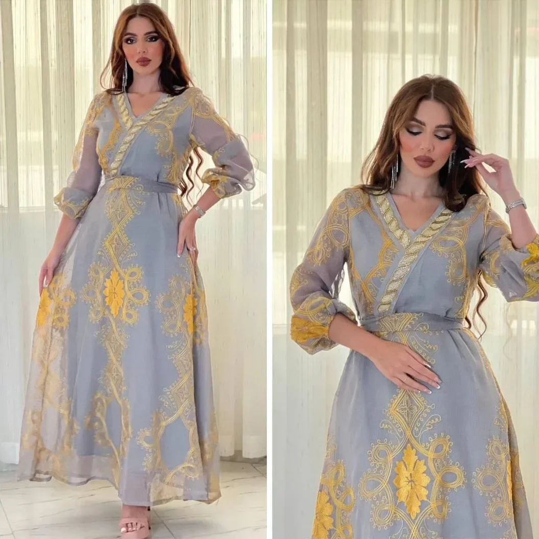 Eid Loose Abaya Dress Dubai Luxury Muslim Party Dresses Embroidery Mesh Abayas for Women Caftan Kaftan Robe Vestidos Arab Turkey