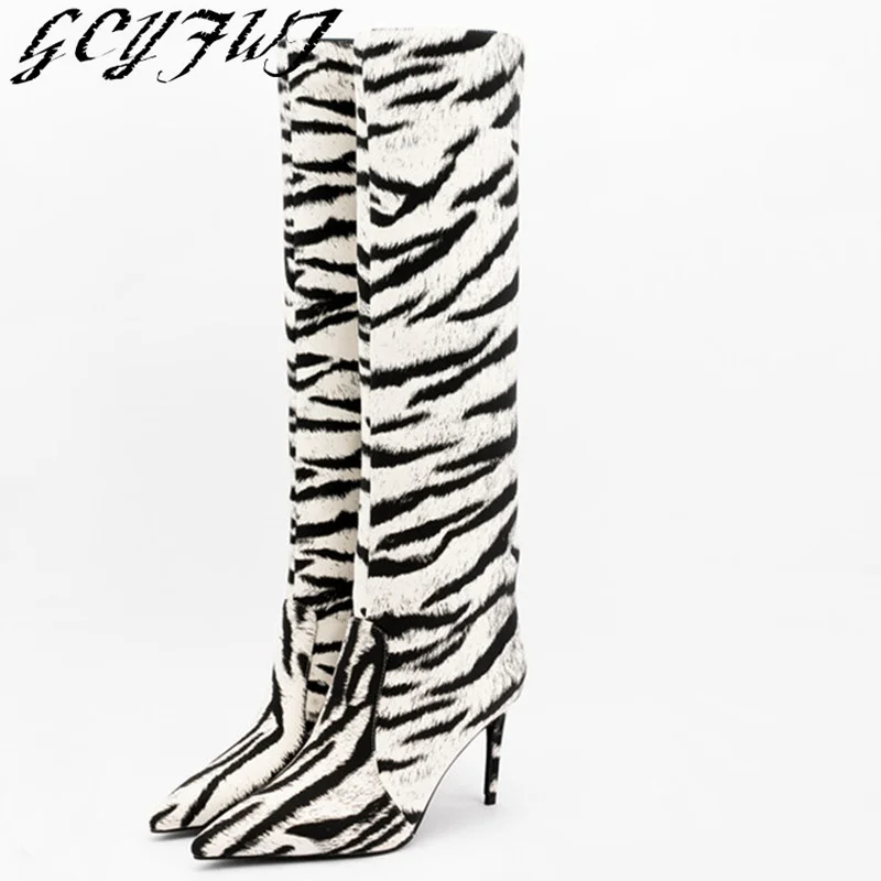 Tiger Print Women Boots 9cm High Heels Pointed Toe Big Size 46 Party Shoes Stain Dress Shoes Stiletto Slip-on Knee High Boots