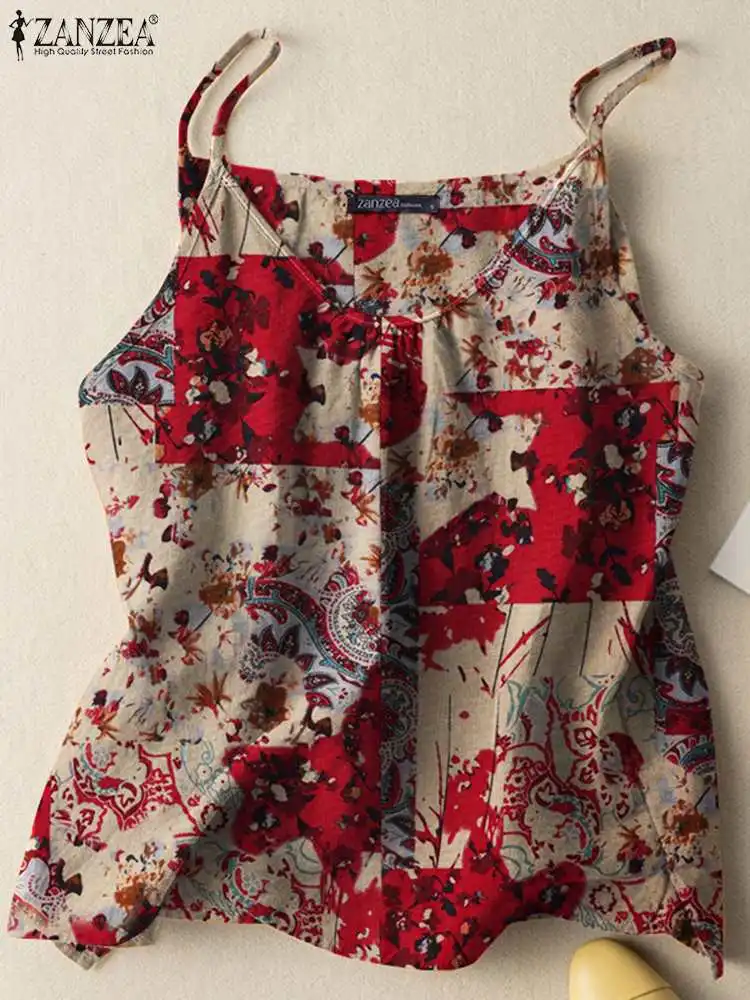 ZANZEA 2023 Summer Women Tanks Camis Cotton Sleeveless Printed Oversized Tops Baggy O-Neck Floral printed Blusas Tunic Tee 2