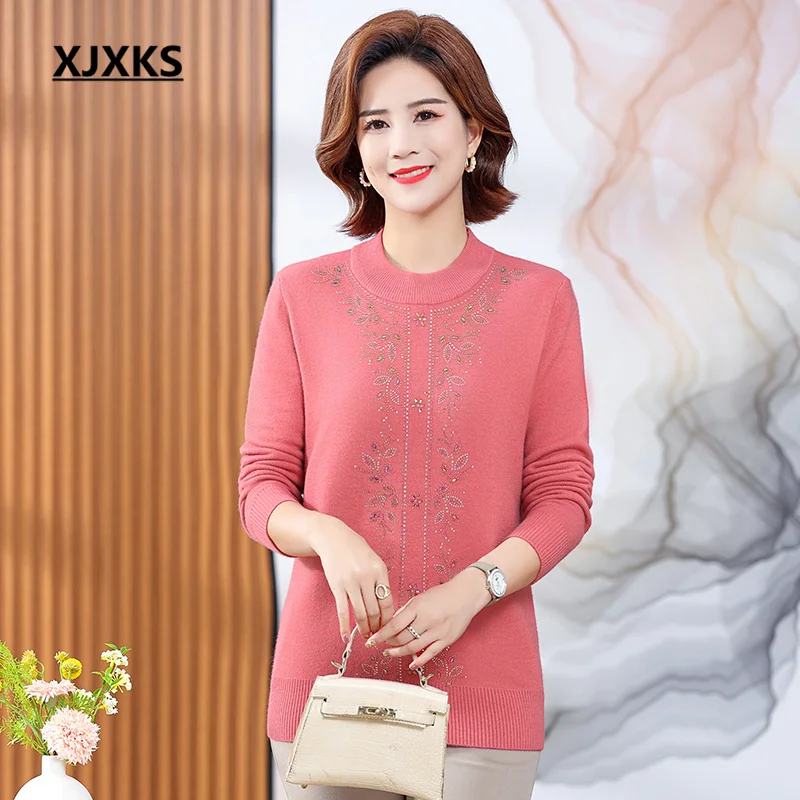 

XJXKS 2022 New Plus Velvet Warm Women's Winter Sweater Exquisite Diamond Pure Color Hundred Knitted Wool Pullover