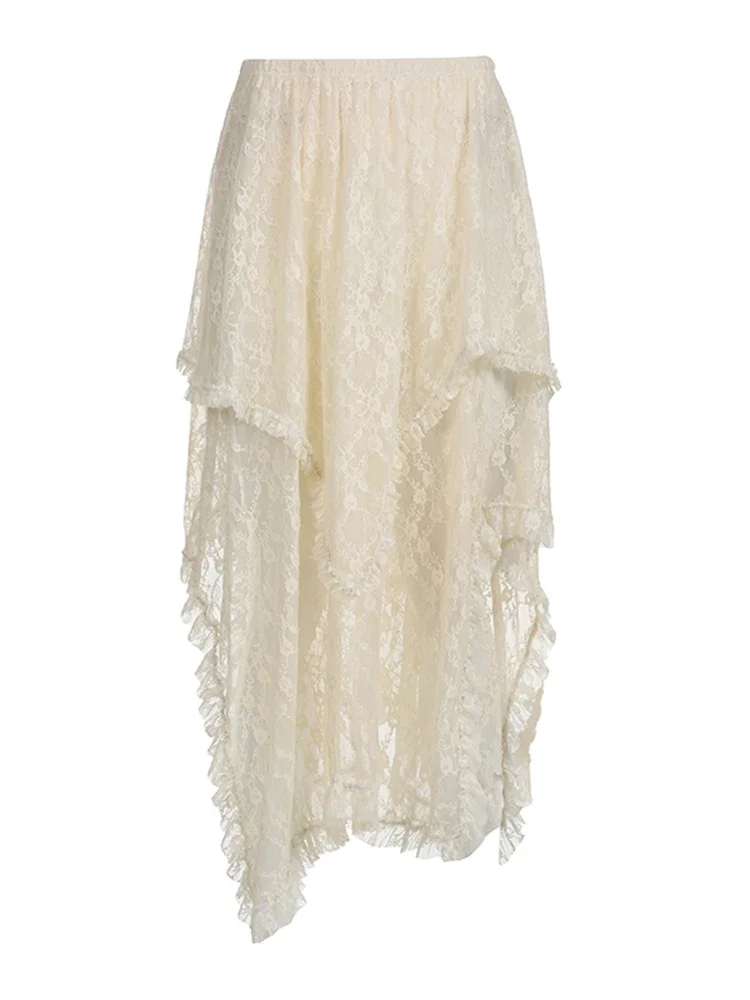

Женская кружевная юбка-трапеция средней длины, свободная прозрачная Асимметричная длинная юбка составного кроя с оборками в винтажном стиле для отдыха, Y2k, на лето