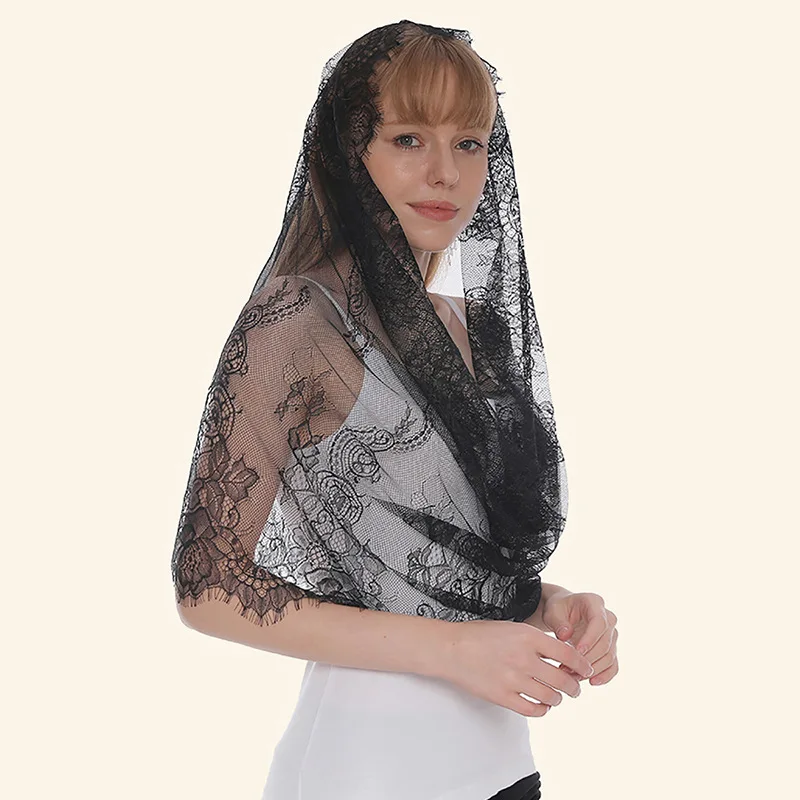 Catholic Church Veil Black and White Eyelash Round Head Covering Spring and Summer Infinity Lace Veil