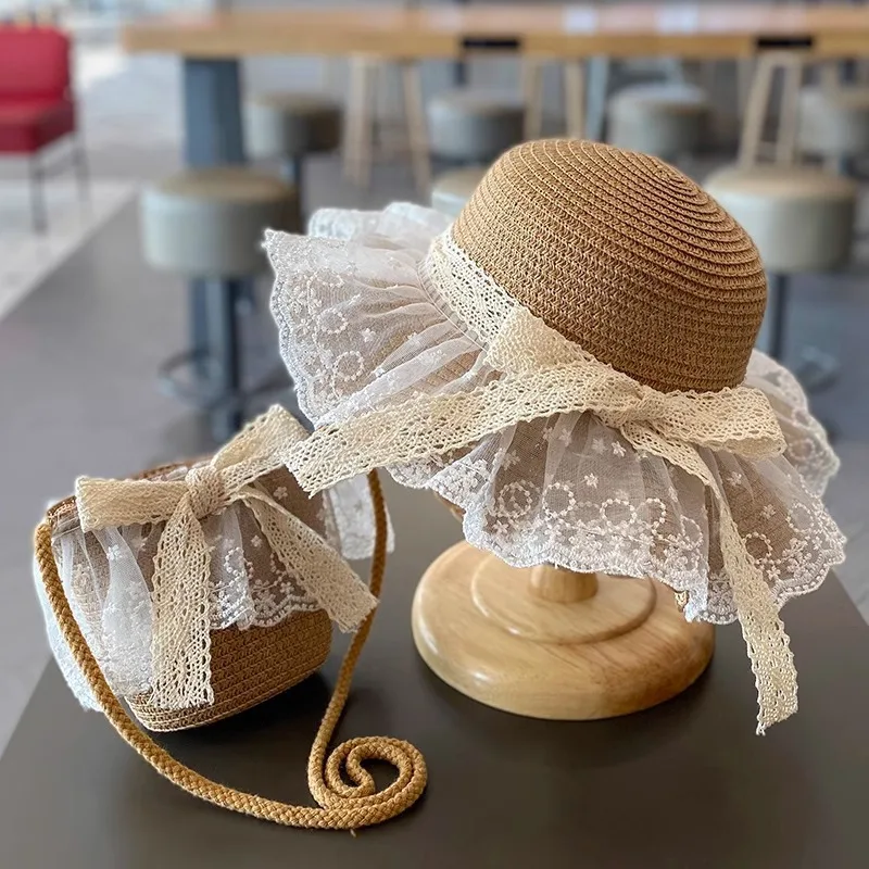 Summer Baby Girl Straw Hat Solid Color Lace Ruffle Kids Fisherman Cap Outdoor Beach Caps Sunshade Wide-brim Bucket Hats Baby & Maternity