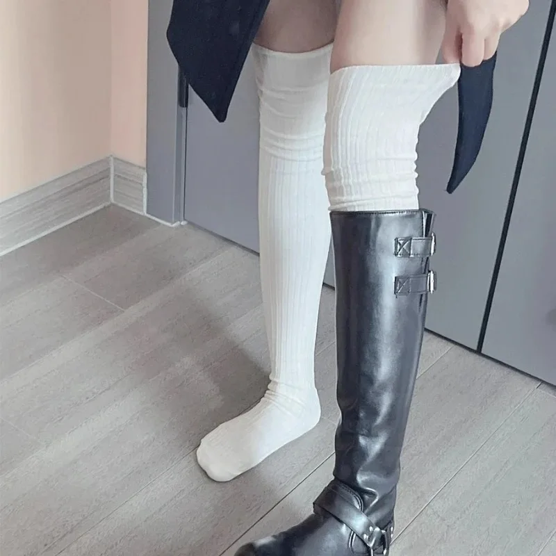 Harajuku Over The Knee High Socks Thin Long Stacked Socks Women's High Solid Colour White Knitted Sock High Elasticity Stockings