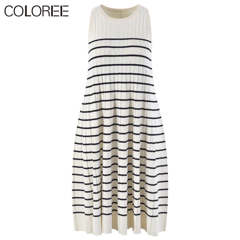 

White Black Striped Knitted Dresses for Women 2023 Korean Fashion Elegant O-neck Sleeveless Summer Dress Midi Vestido Feminino