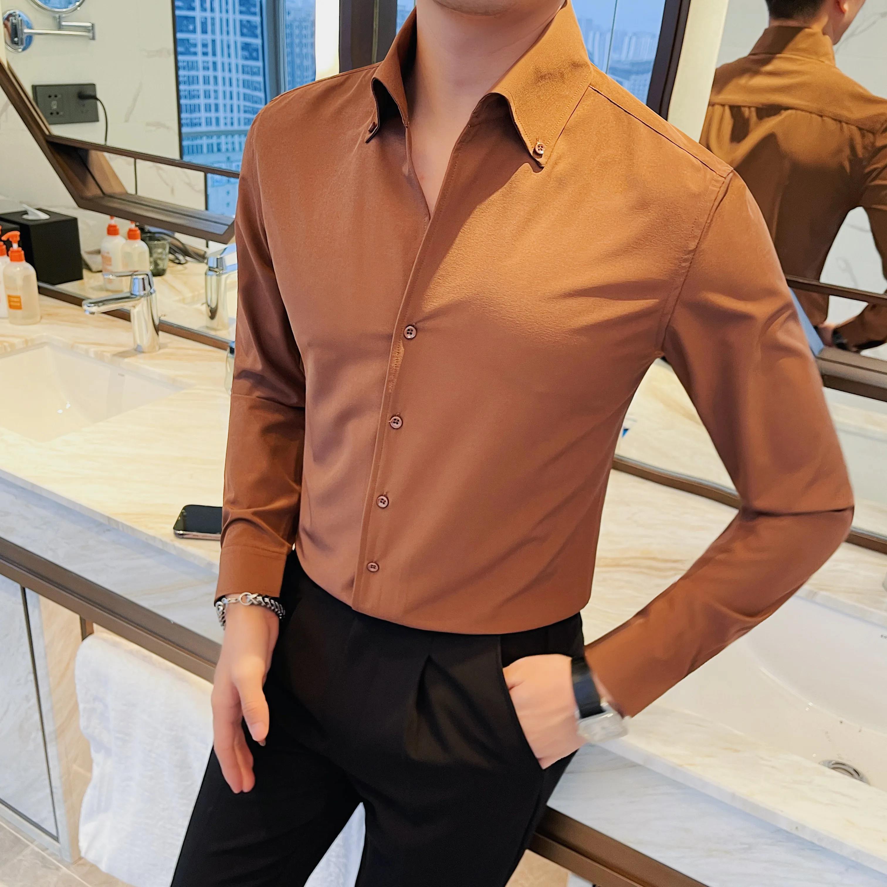

British Style V-neck Shirt for Men Solid Color Business Formal Dress Shirts Long Sleeve Slim Fit Office Social Casual Shirts 5XL