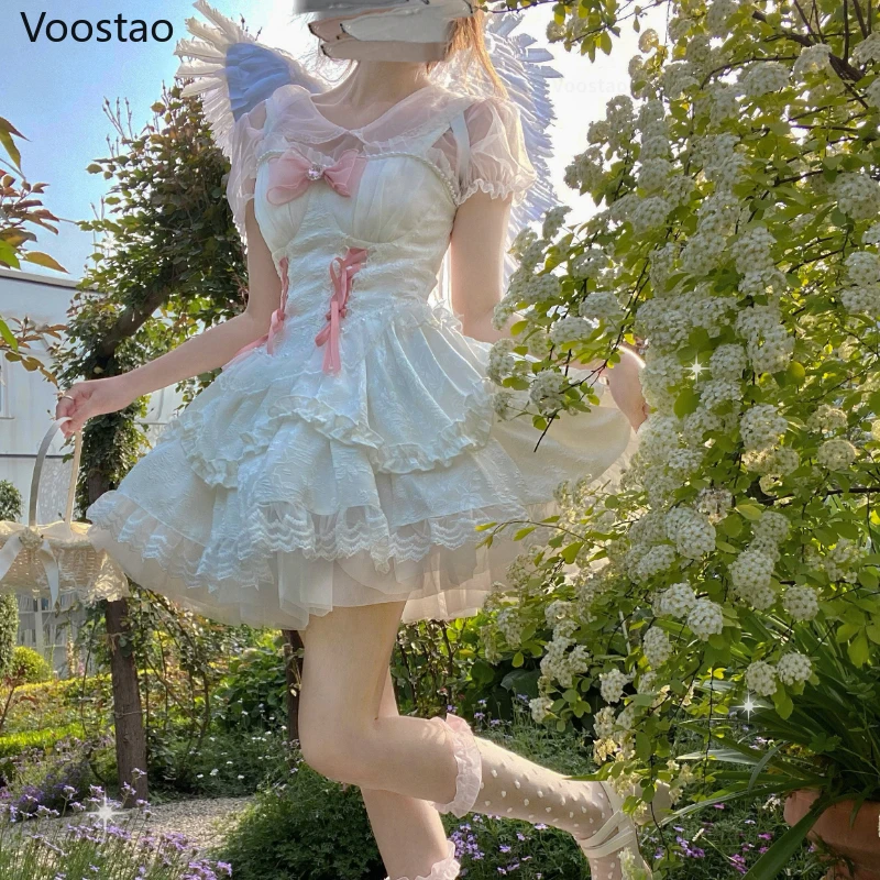 Japanese Gothic Jsk Dress Women Harajuku Sexy Bow Lace Y2k Sleeveless Bandage Party Mini Dresses Girly Sweet Princess Vestidos