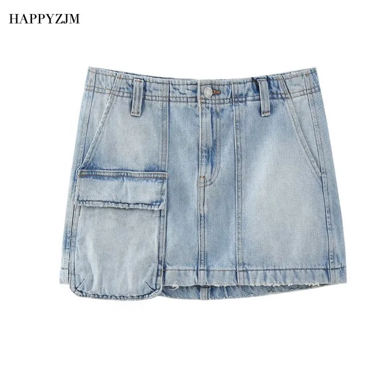 

HAPPYZJM 2023 New Women Denim Mini Halfskirt Fashion High Waist Pocket Trim Slim Wrap Hip Short Halfskirt Fashion Street Style
