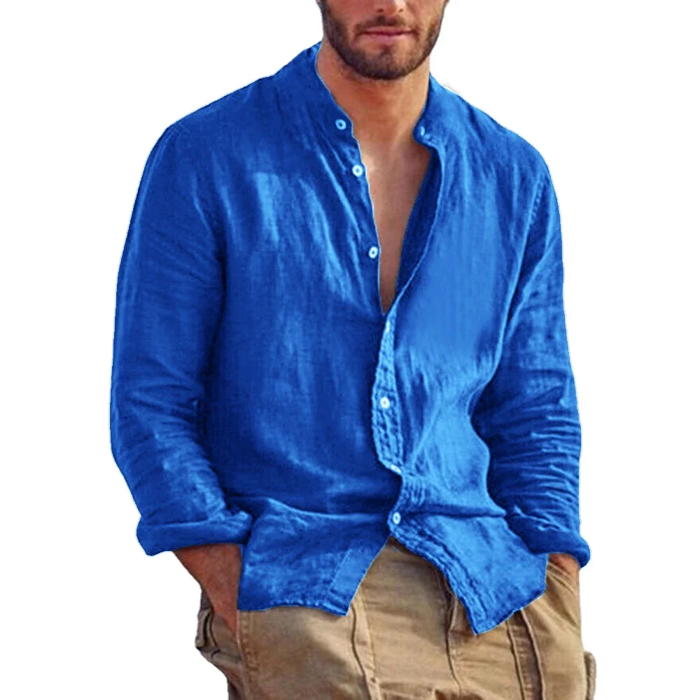 Men's Long Sleeve Shirt Linen Cotton Shirts Stand Collar Casual Beach Tops linen shirt,cotton shirt