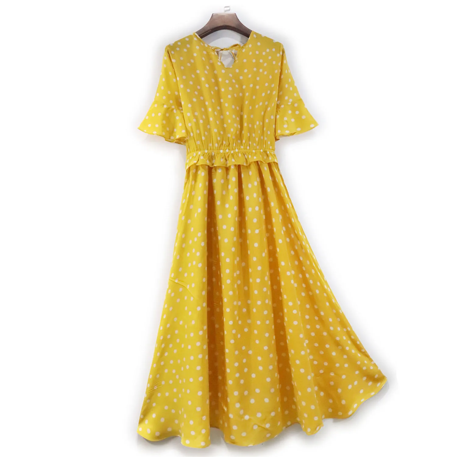 Yellow Polka Dot Mulberry Silk Dress 5 / 4 Sleeve Women's Fashion V-neck Silk Commuter 2022 New Style bathing suit wrap skirt