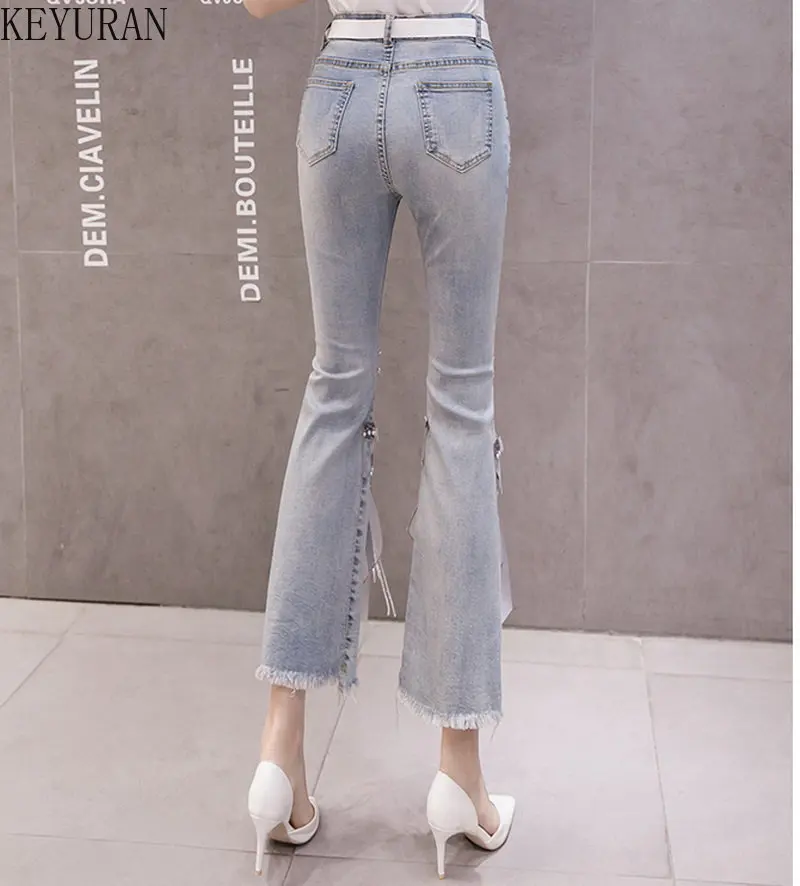 High Waist Jeans Women Ripped Cropped Jeans Women\'s 2023 Spring Summer New Irregular Beaded Bow Flared Denim Pants Ladies Jeans