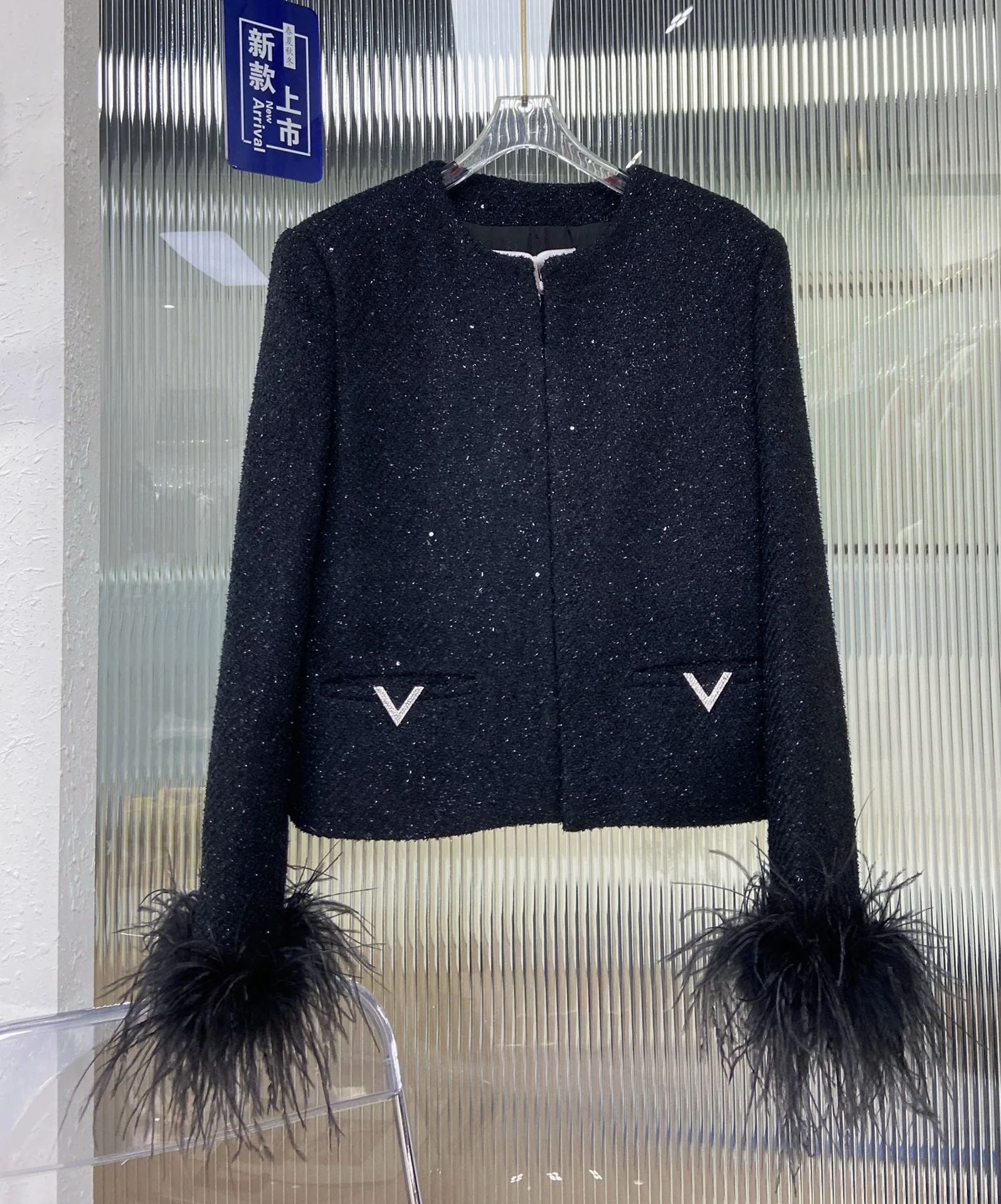 

EVACANDIS High Quality Women Spring New O-Neck Feather Patchwork Coat Solid Chic Elegant Office Lady Tops Luxury Casual Jacket