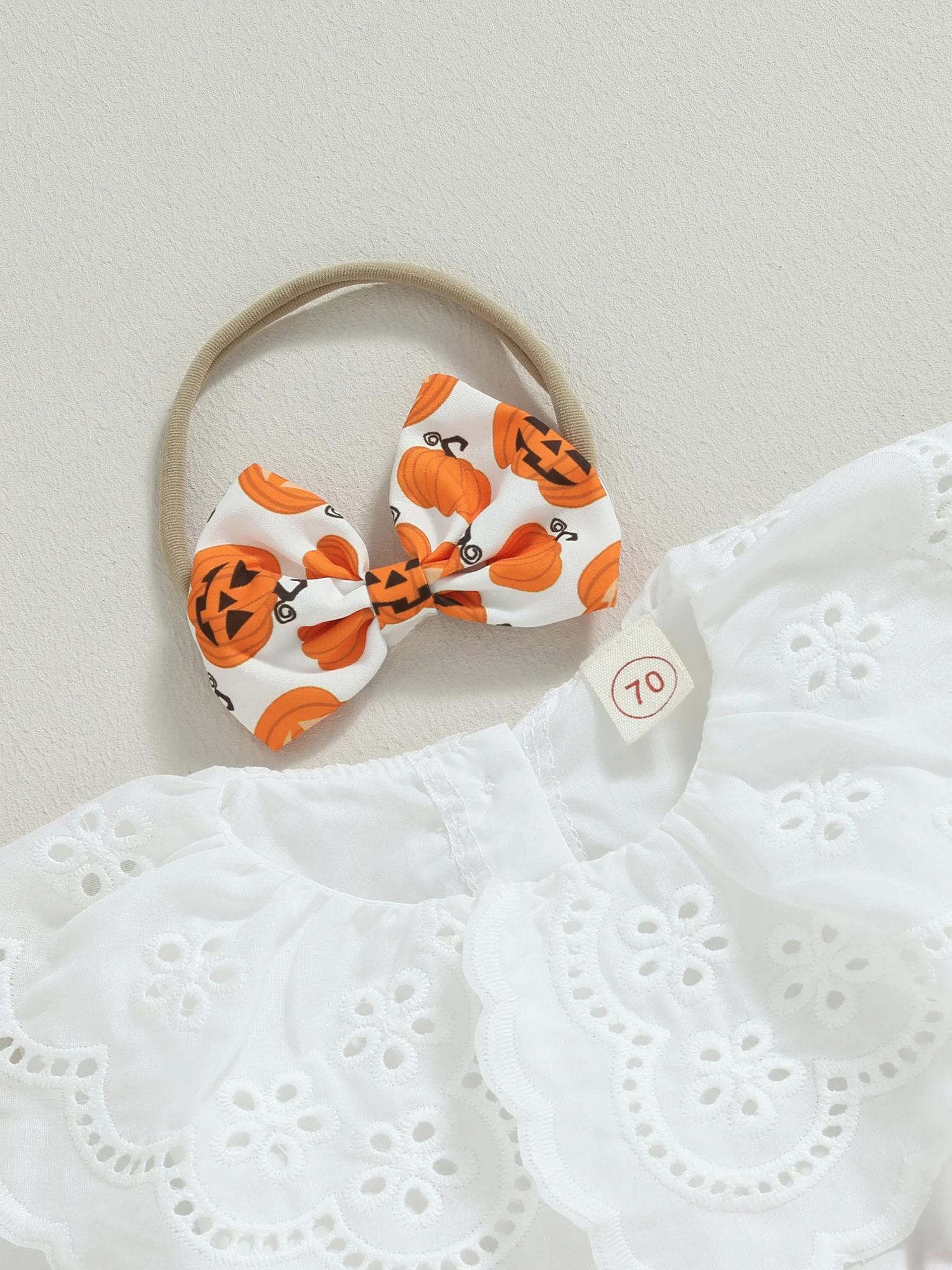 

Baby Girl Halloween Costume Adorable Pumpkin Patchwork Romper with Doll Collar and Hairband Long Sleeve Infant Outfit