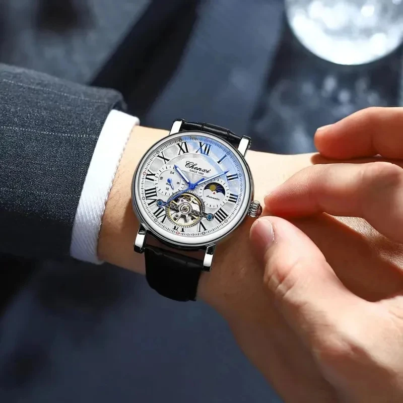 Business Fashion Men Automatic Mechanical Watch Hollow Skeleton Dial Leather Strap Waterproof Luxury Reloj Hombre Present - 4