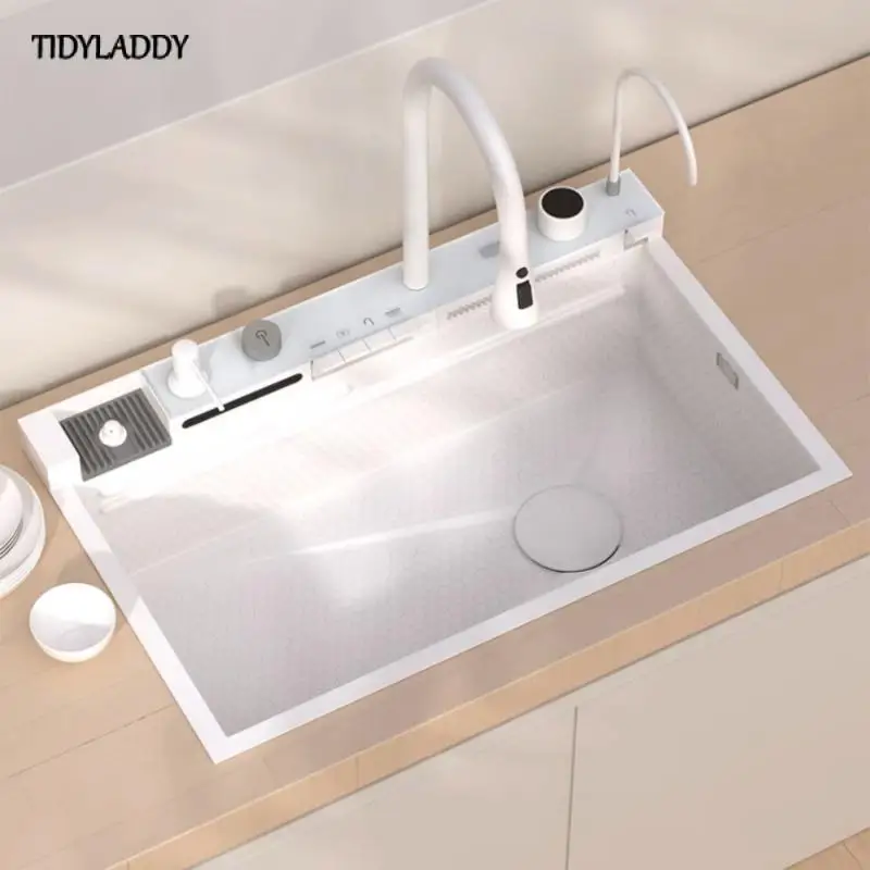 White Kitchen Sink 304 Stainless Steel Large Single Slot Whale Integrated Multifunction Digital Display Rain Faucet Set