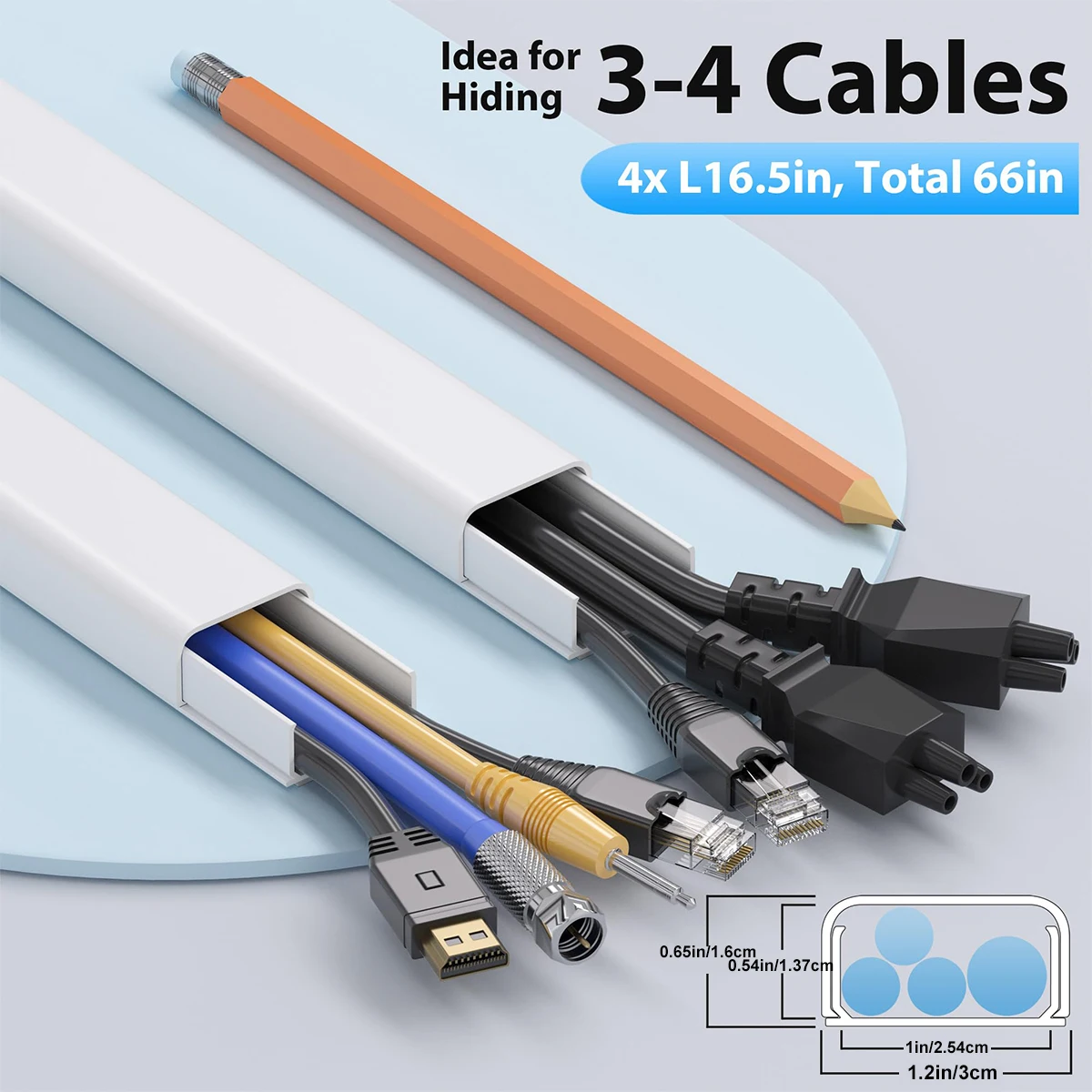4 pcs Large Wire Hiders for TV on Wall for 3-4 Cords-66in (4xL16.5in) PVC Cable Cover Kit with Pre-Applied Adhesive Tape