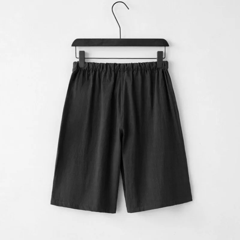 Chinese Style Men Summer Casual Cotton and Linen Elastic Waist Solid Color Extravasation Stay at Home Loose Affordable Shorts