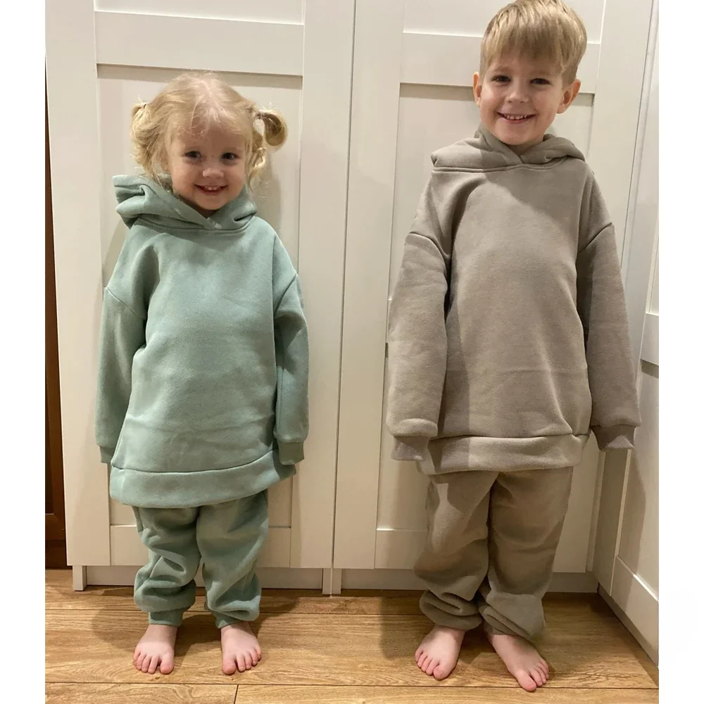 2026 Winter Children Fleece Outfits Toddler Warm Thicken Cotton Solid Hoodies+Pants Tracksuit Kids Boy Girl Sweatsuits Sets