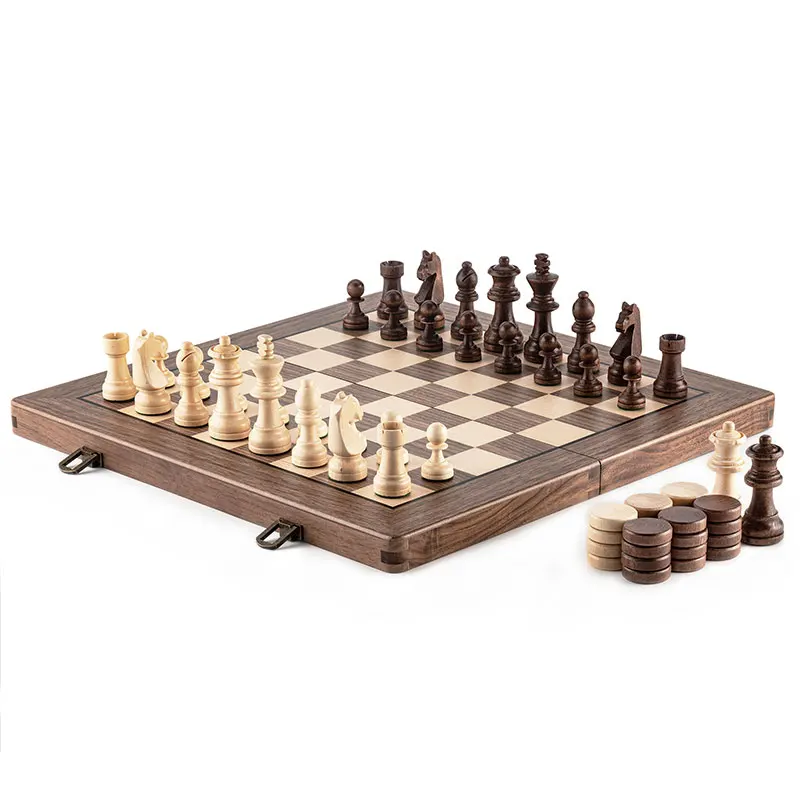 2 in 1 Wooden Chess and Checkers Set Luxury Chess Game Exquisit Chessmen Foldable Wooden Chessboard Family Board Game