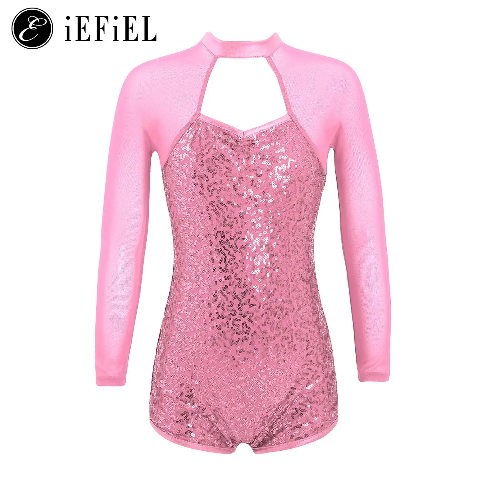 

Kids Girls Sparkly Sequins Long Sleeve Cutout Keyhole Back Leotard Bodysuit for Ballet Dance Gymnastics Stage Performance