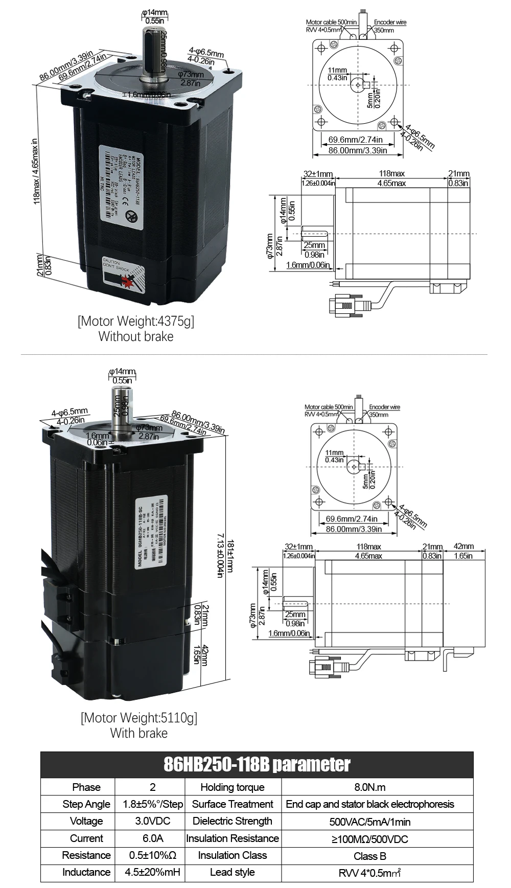 EU-Versand Nema 34 Schrittmotor Closed Loop mit Encoder 1000PPR 4,5Nm 8,5Nm 12Nm Treiber HBS86H 400W-60V Netzteil AC 200-240V – Detail 3