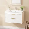 30" Bathroom Vanity Cabinet with Ceramic Sink, Wall-Mounted Floating Vanity, 2 Large Storage Drawers, with Sensor LED Light 1