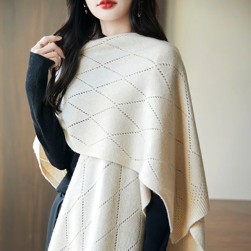 Pure Wool Shawl Cloak Women's Autumn And Winter New Shoulder Pad Neck Warm Scarf Diamond Hollow Knit Comfortable Shawl.