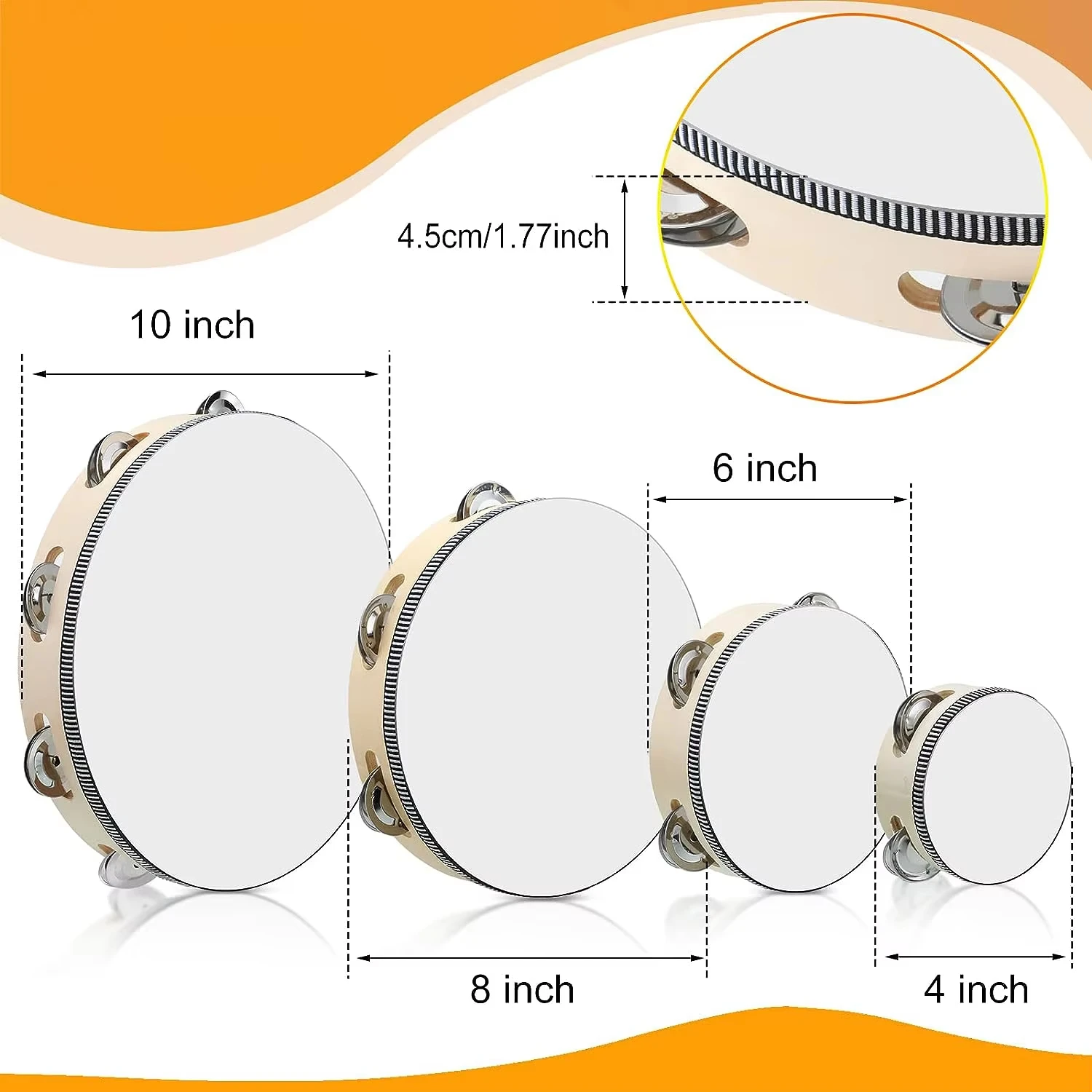 1Pcs Wooden Tambourine 4/6/8/10-Inch White Rim with Metal Jingles Musical Percussion Instrument for Concert Church Party hand tambourine