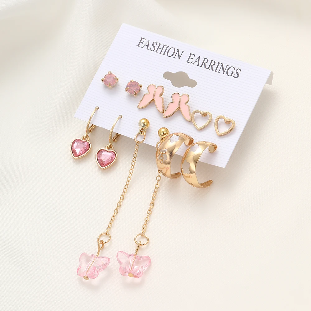 Pink Heart Butterfly Dangle Earrings Set Vintage Metal Geometric Stud Earring for Women Fashion Trendy Jewelry Gifts 2023 New