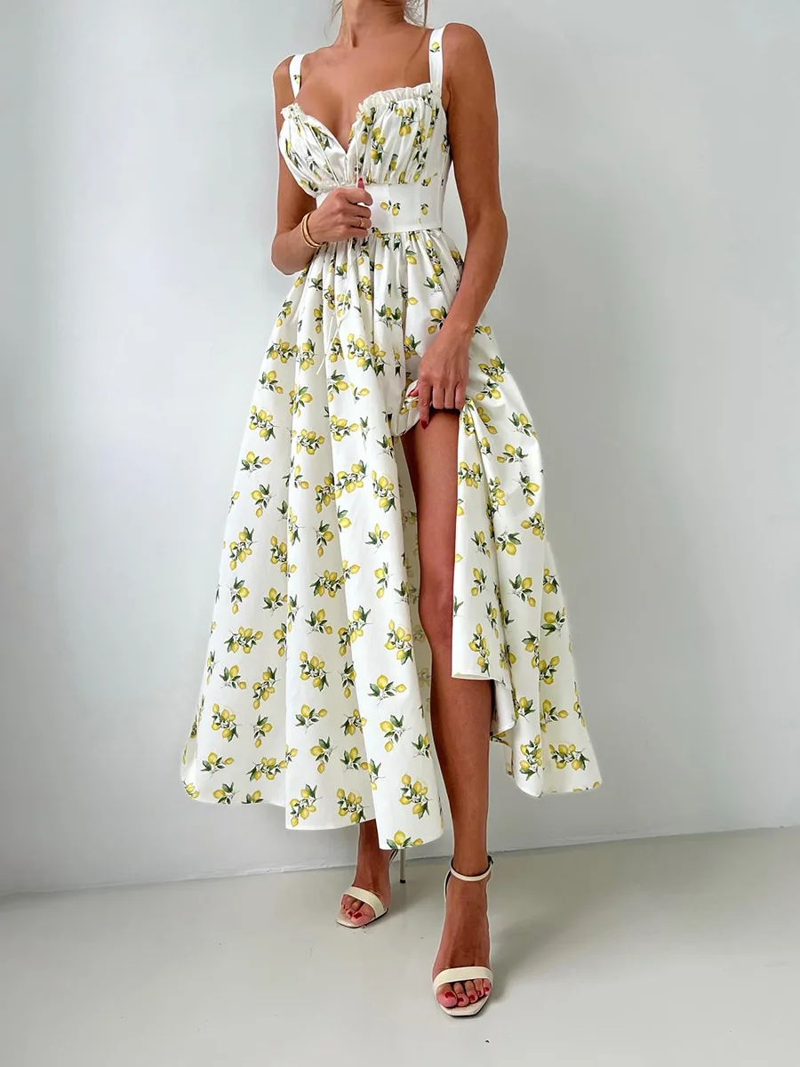 Bornladies 2025 Summer New Printing Cami Dress High Waist Slit Lemon Print Maxi Dress Vacation Long Dress For Women