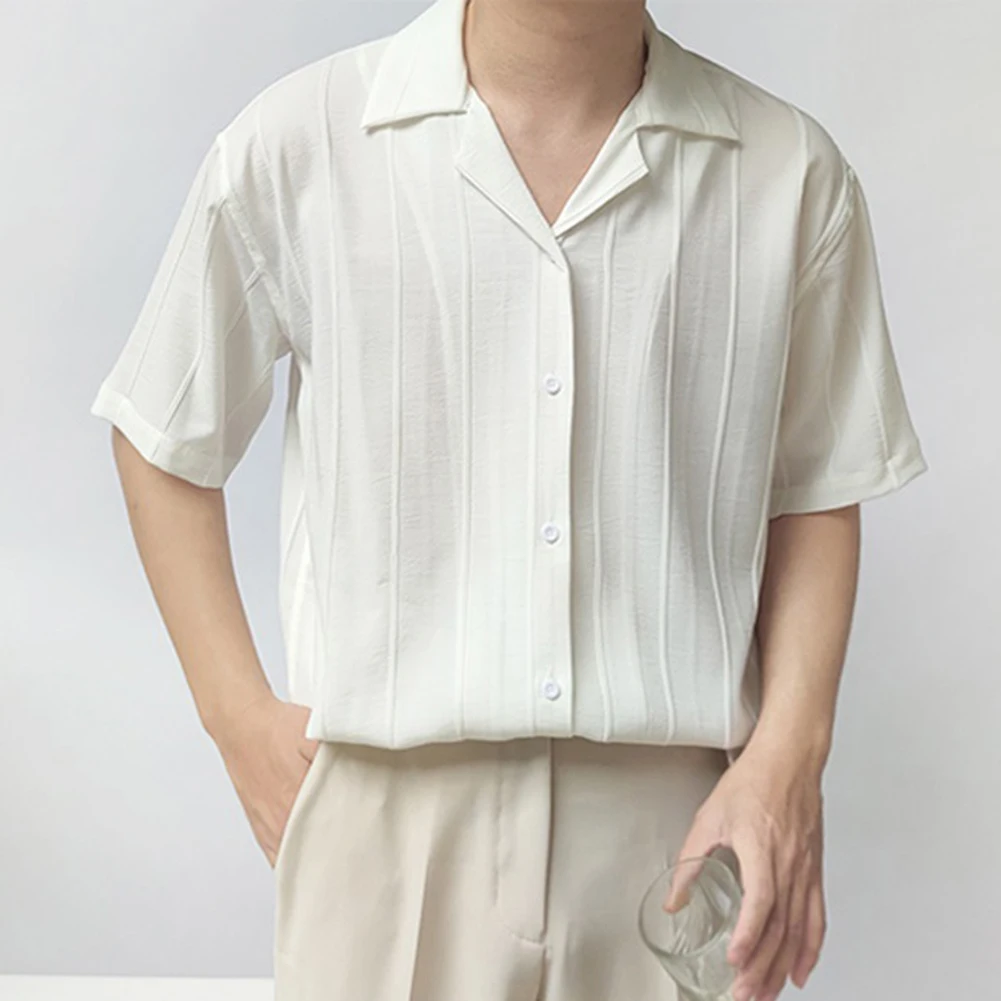

Men's Striped Lapel Short Sleeve Button Down Shirt Korean Casual Solid Colour Streetwear