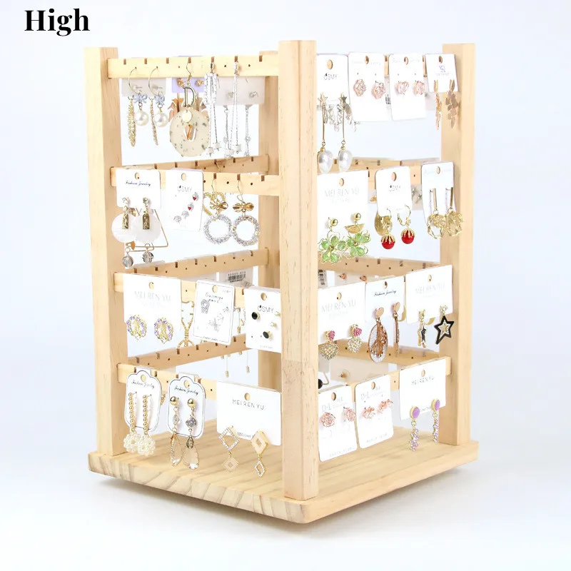 Rotating Wooden Earring Holder Display Stand Necklace Jewelry Organizer Tray Showcase Stand Storage Box 4 Layers