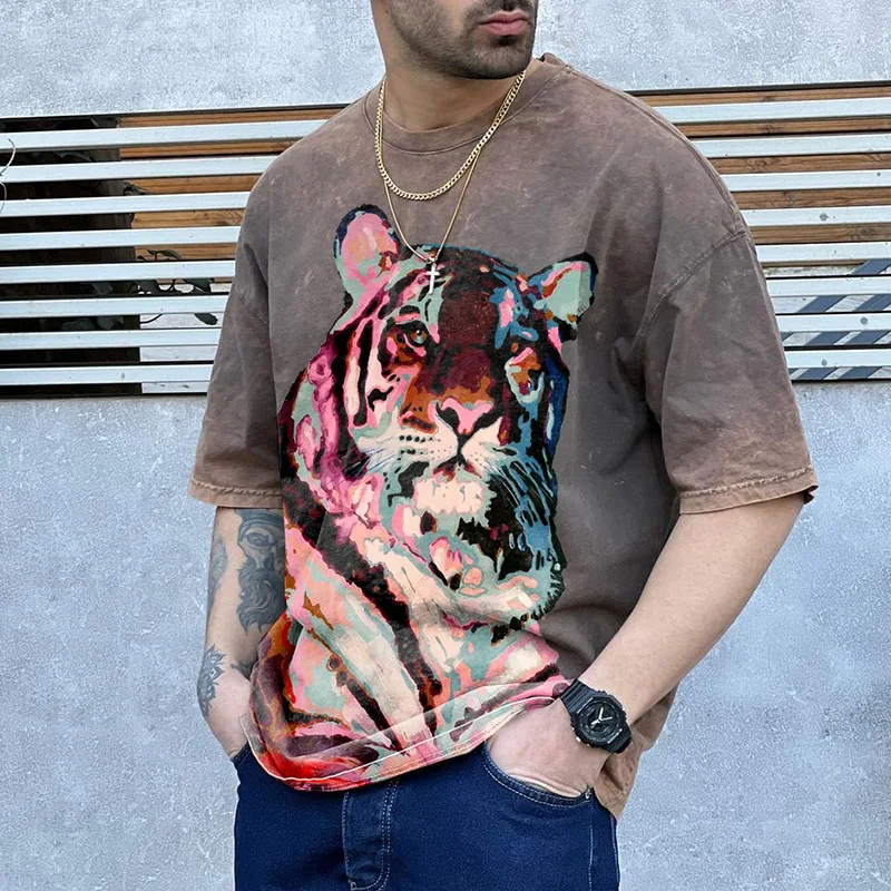 

Summer T-shirt Men's Casual Loose Tiger Digital Printed T-shirt Streetwear T-shirt Men's Short Sleeve O-Neck Pullover T-shirt