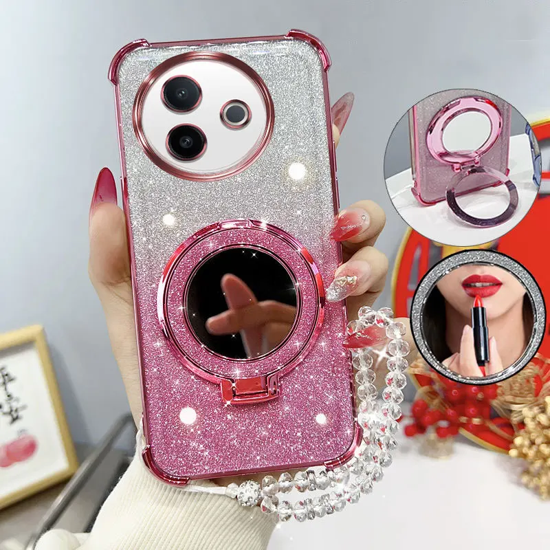 글리터 사각 충격 방지 폰 케이스 (미러 스탠드, 비즈 스트랩 포함) Vivo Y39 39 5G용 백 커버 케이스