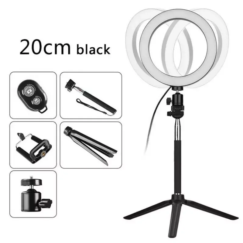 5 인 1 20cm LED 라이브 디밍 링 라이트 세트, 개폐식 사진 셀카 삼각대 범용 360 ° 회전 삼각대 클립