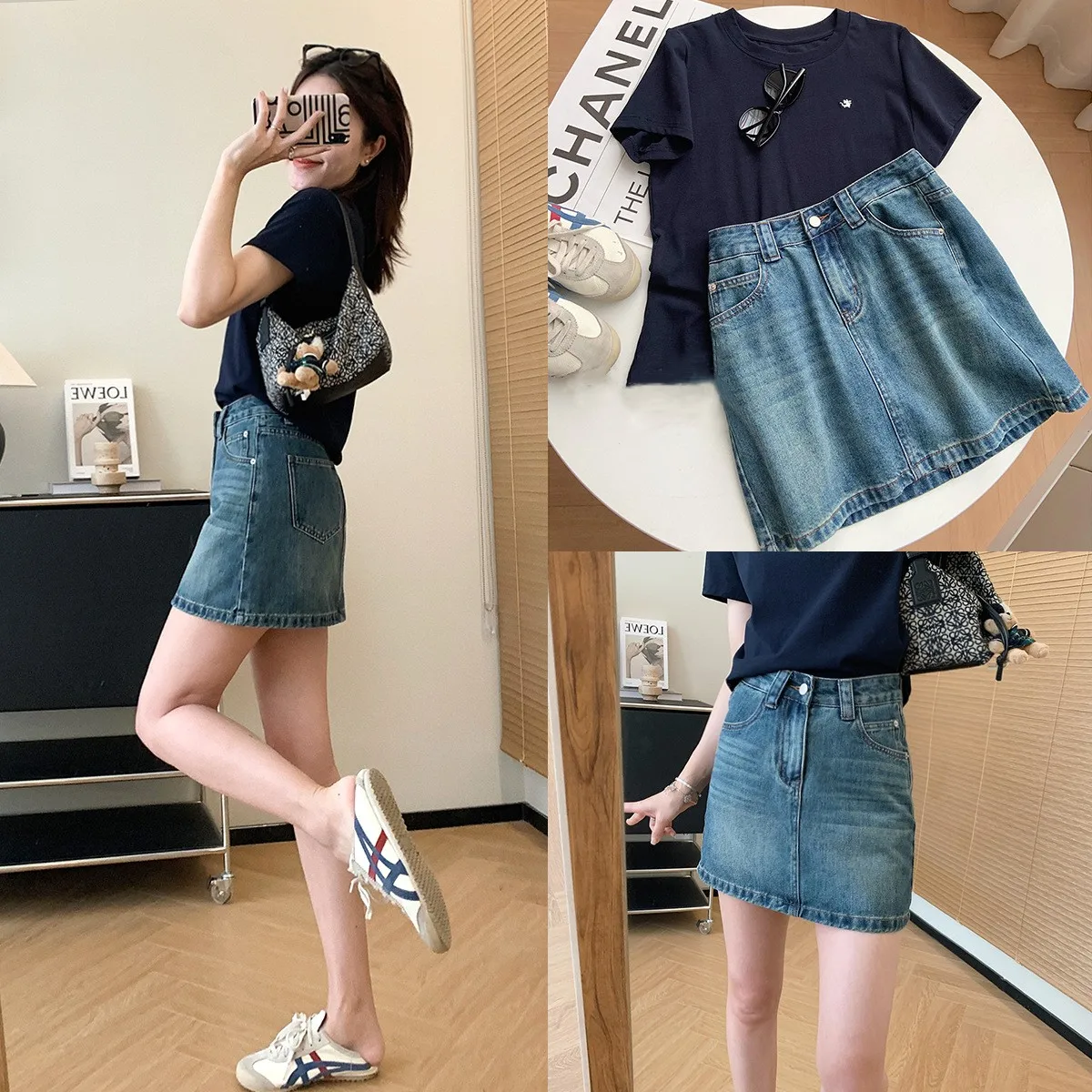 

American retro washed denim short skirt for women's 2024 summer new versatile slimming A-line high waisted and hip wrapped skirt