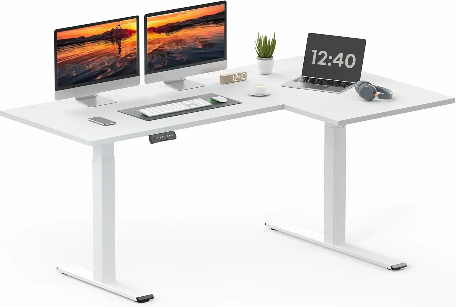 71-Inch Large Dual Motor L-Shaped Electric Height Adjustable Standing Desk Reversible Panel White Top/White Frame