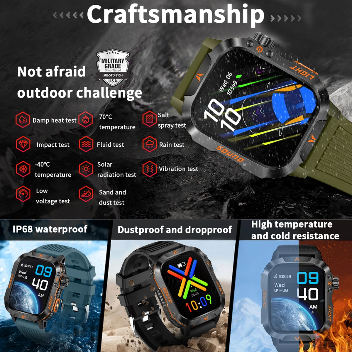 2024 Smart Watch 2.01 Screen Outdoor Flashlight Compass IP68 Waterproof Wireless Calling 600mAh 100+Sport Mode 5