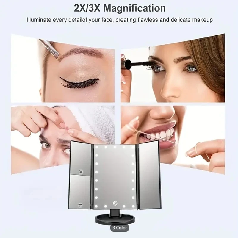 Multifunctional LED Makeup Mirror 1/2/3X Magnifying Vanity 180&deg; Rotation With 22 LED Lights Household Desktop Makeup Lighting