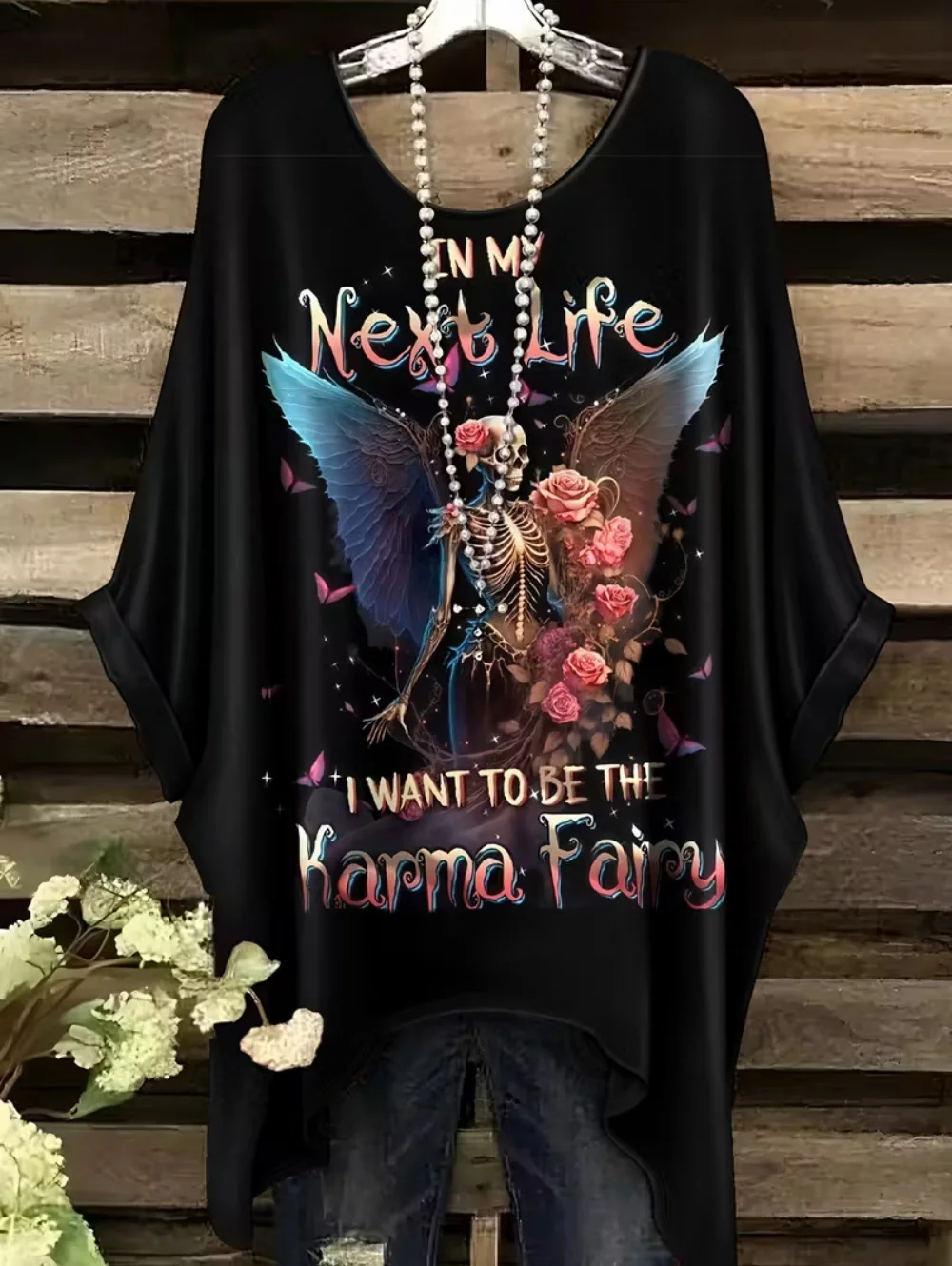 ตัวเลือกสินค้า เสื้อยืดโอเวอร์ไซส์สไตล์ Y2K ลายหัวกะโหลกโบฮีเมียน