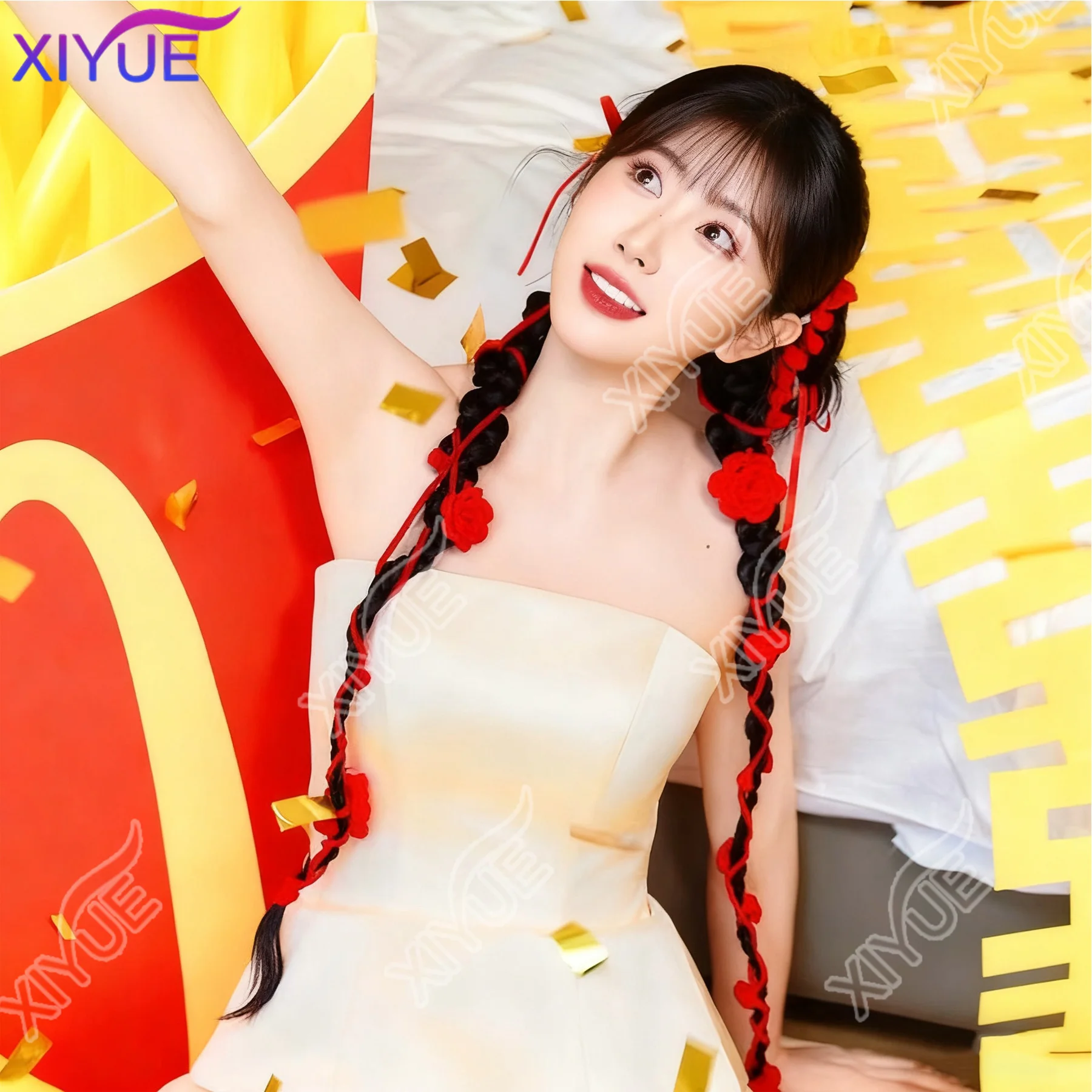 XIYUE Hanfu wig Xiuhe bride red wool flower hair new Chinese twist braid ribbon Fried Dough Twists double ponytail wig